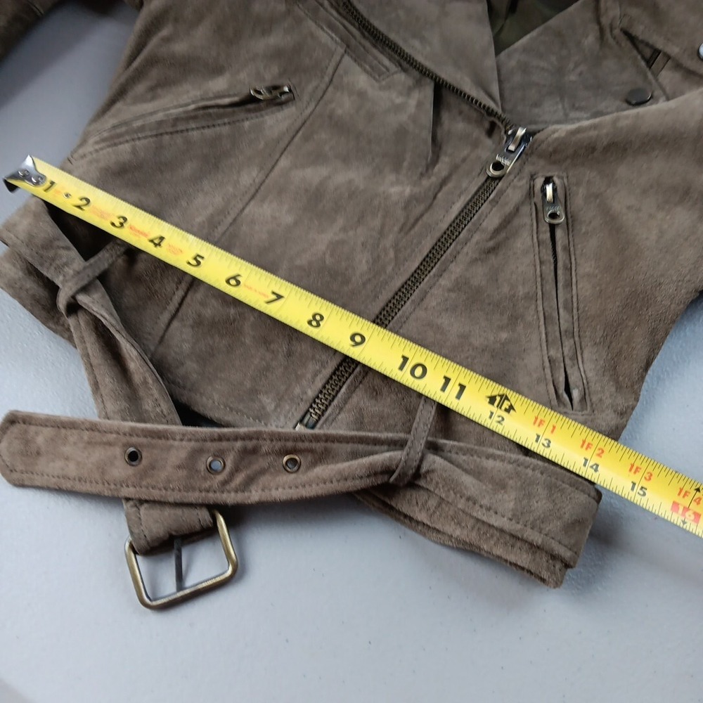 Suede Jacket Womens SMALL Moto Beige Taupe Rock Y2K‎ Leather Khaki Grunge Biker - Picture 12 of 14